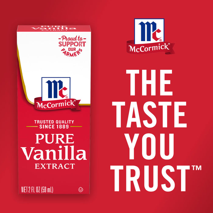 A McCormick Pure Vanilla Extract bottle with the tagline The Taste You Trust on a red background.