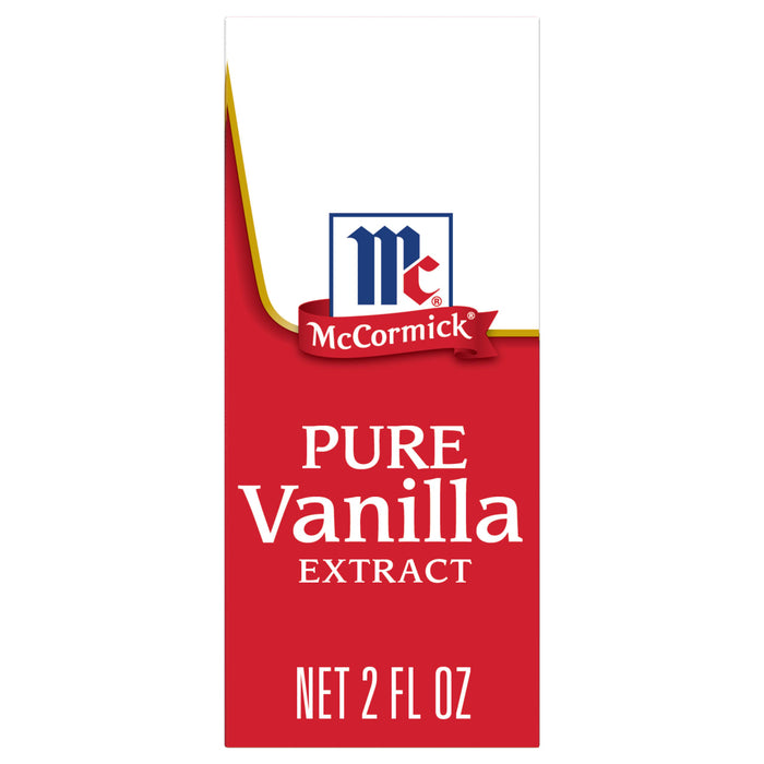 A red label with the McCormick logo and the words Pure Vanilla Extract Net 2 Fl Oz.