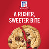 A broken chocolate chip cookie with the McCormick logo above it and the text A richer sweeter bite on a red background.