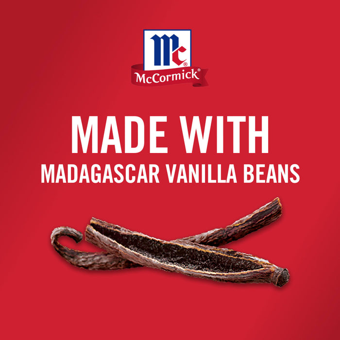 McCormick logo with a red background and the text Made with Madagascar Vanilla Beans and two vanilla beans.