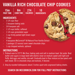 A recipe for McCormick Vanilla Rich Chocolate Chip Cookies with a picture of a broken chocolate chip cookie.