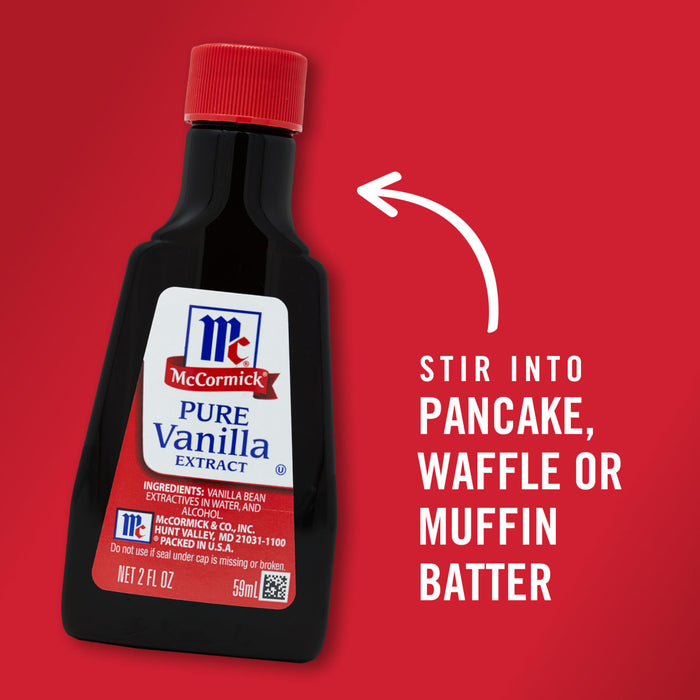 A bottle of McCormick Pure Vanilla Extract with instructions to stir it into pancake waffle or muffin batter.