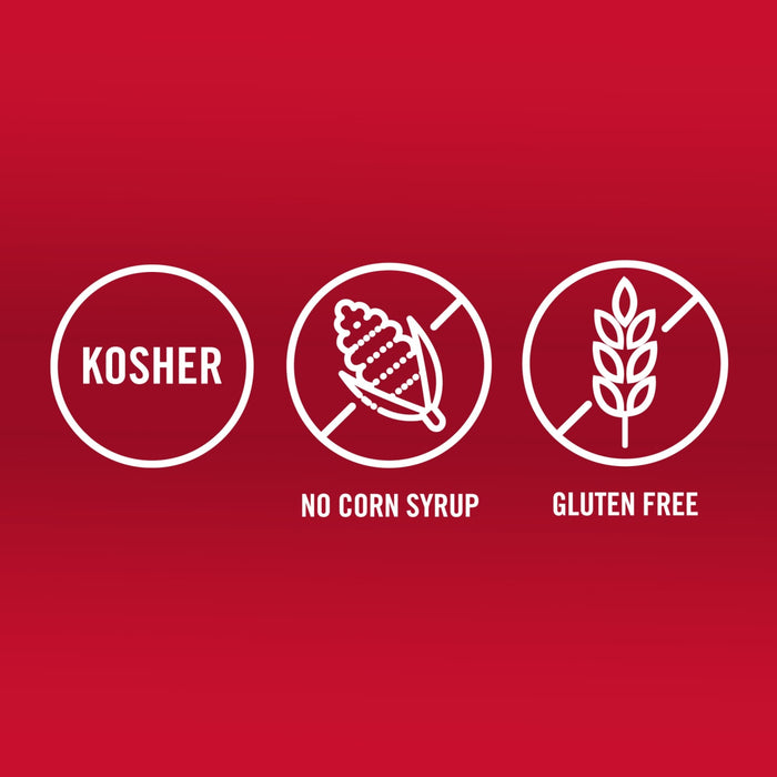 The image shows three icons indicating the product is Kosher, does not contain high fructose corn syrup, and is gluten-free.