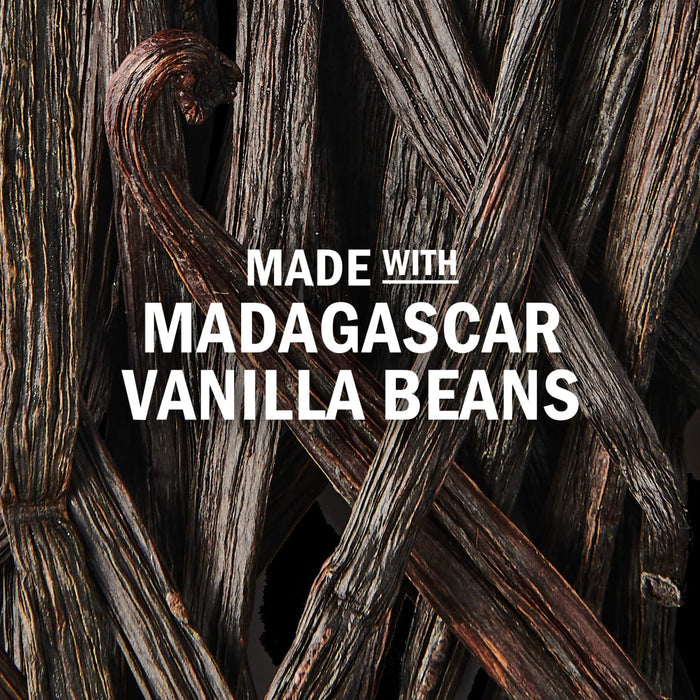 The image showcases Madagascar vanilla beans emphasizing their use in the product.