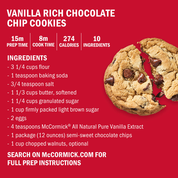 A recipe for Vanilla Rich Chocolate Chip Cookies with McCormick Vanilla Extract including prep time cook time calories and ingredients.