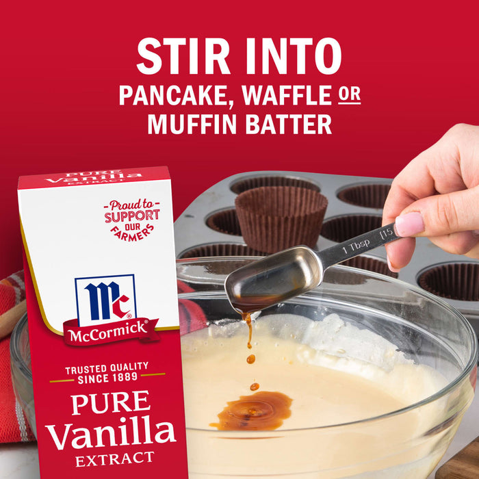 A person is adding McCormick Pure Vanilla Extract to a bowl of batter suggesting it can be used for pancakes waffles or muffins.