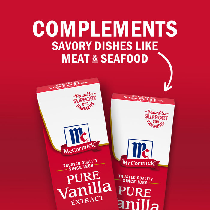 This image features McCormick Pure Vanilla Extract with the text COMPLEMENTS SAVORY DISHES LIKE MEAT &amp; SEAFOOD to highlight the products versatility.