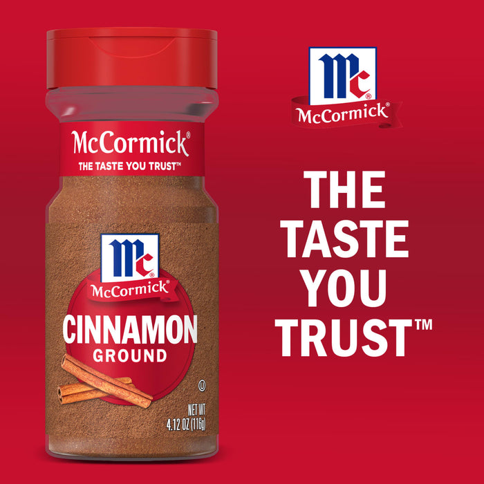 A bottle of McCormick Ground Cinnamon is displayed, emphasizing the brand's trusted taste.