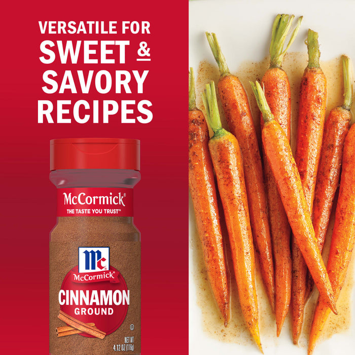 McCormick Cinnamon is versatile for sweet and savory recipes, as shown with a bottle next to glazed carrots.