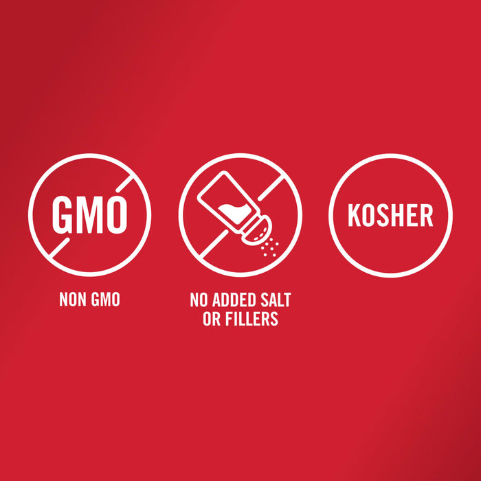 The image shows three circular icons indicating the product is Non-GMO, has no added salt or fillers, and is Kosher.