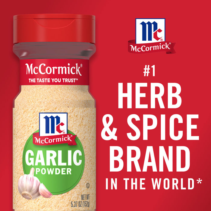 A McCormick Garlic Powder container with a red background and the text #1 Herb &amp; Spice Brand in the World.
