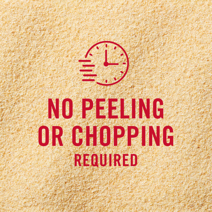 A red clock icon with the text NO PEELING OR CHOPPING REQUIRED on a background of granulated garlic.