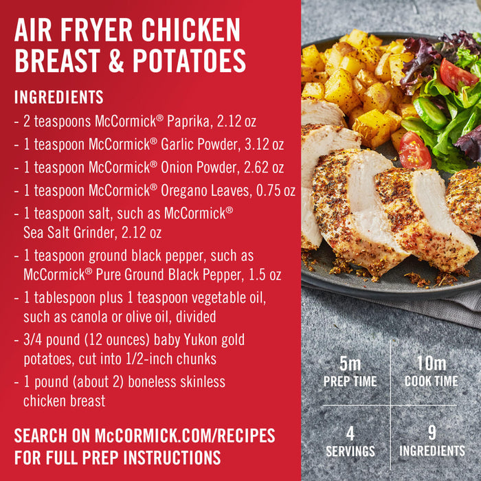 A recipe for McCormick Air Fryer Chicken Breast &amp; Potatoes with ingredients prep time cook time servings and ingredients listed.