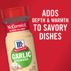A container of McCormick Garlic Powder with the text Adds depth &amp; warmth to savory dishes on a red background.