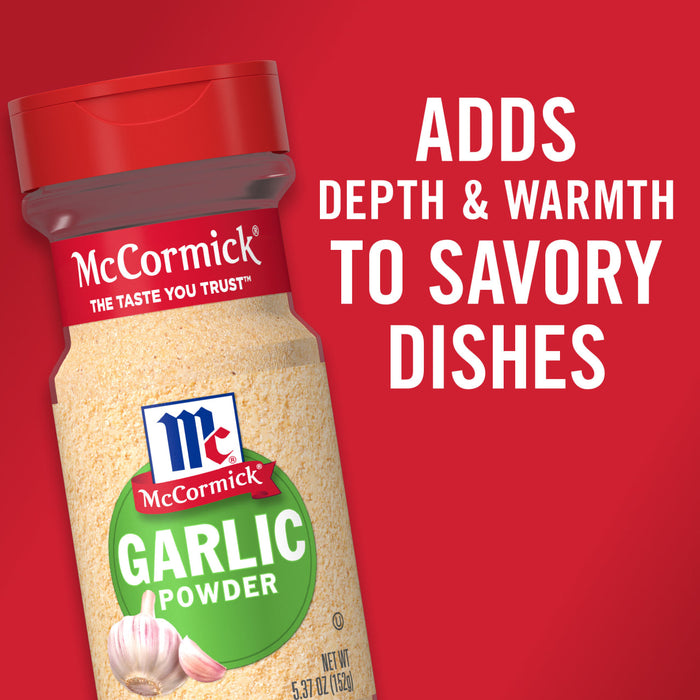 A container of McCormick Garlic Powder with the text Adds depth &amp; warmth to savory dishes on a red background.