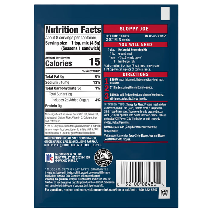 A Mccormick Regular Sloppy Joe Seasoning Mix 1.31 Oz packet is displayed, showing nutrition facts, ingredients, and cooking directions on its label.