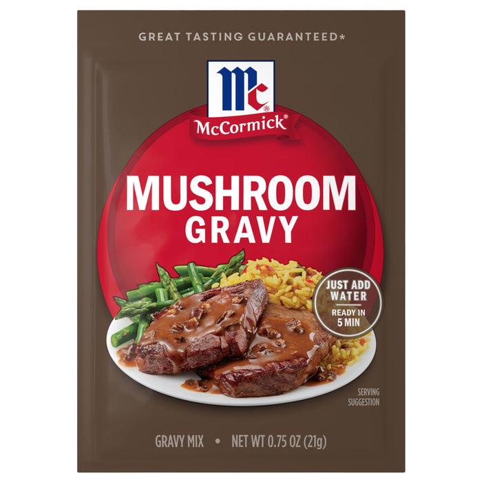 A brown and red package of Mccormick Mushroom Gravy mix shows two steaks covered in gravy with asparagus and rice, indicating it's ready in 5 minutes by just adding water.