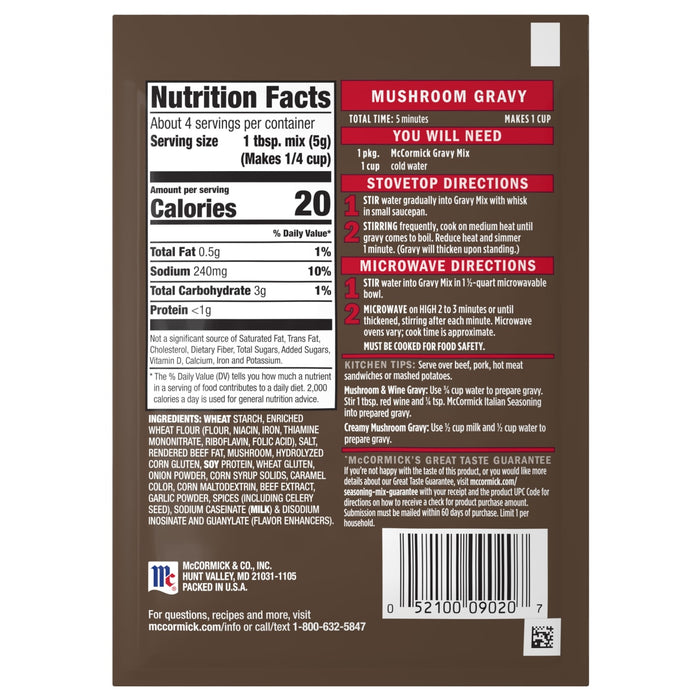 A product label for Mccormick Mushroom Gravy, featuring nutrition facts, ingredients, and cooking directions for stovetop and microwave preparation.