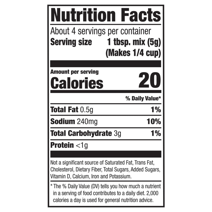The nutrition facts label for Mccormick Mushroom Gravy, showing 20 calories, 0.5g total fat, 240mg sodium, 3g total carbohydrate, and less than 1g protein per serving.