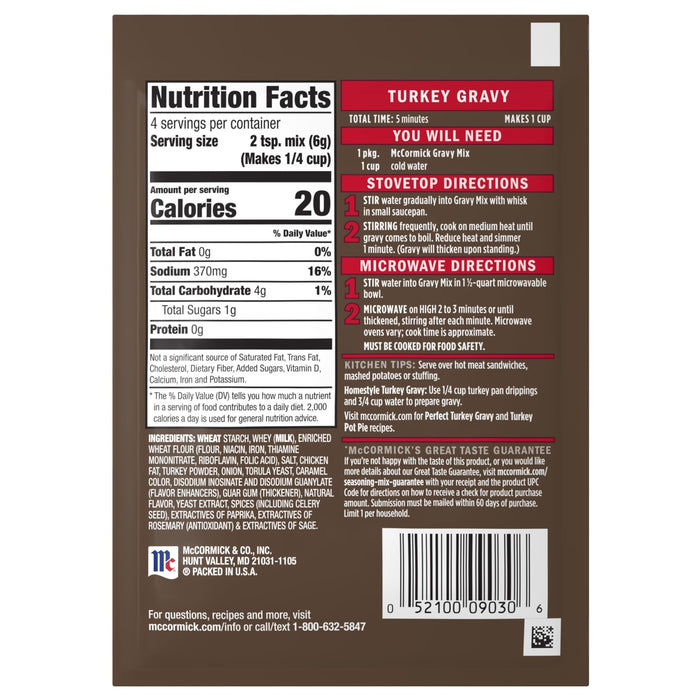 A brown and white package of Mccormick Turkey Gravy mix, displaying nutrition facts, ingredients, and cooking directions.