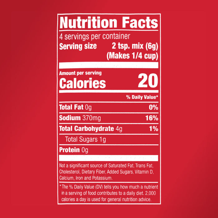 ['Nutrition facts label for a product with 20 calories per serving.']