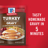 ['McCormick Turkey Gravy mix package with a serving suggestion of turkey with gravy and stuffing.']