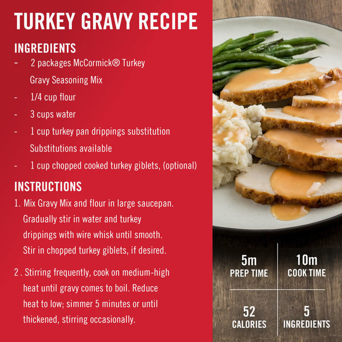 ['A recipe for McCormick Turkey Gravy with a picture of a plate of turkey, mashed potatoes, green beans, and gravy.']