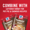 ['Two McCormick Turkey Gravy packets with a red background and the text Combine with leftover turkey for pot pie &amp; chowder recipes.']