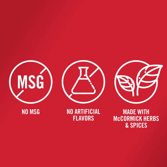 ['A white illustration of three circles with a red background, the first circle says no MSG, the second says no artificial flavors, and the third says made with McCormick herbs and spices.']