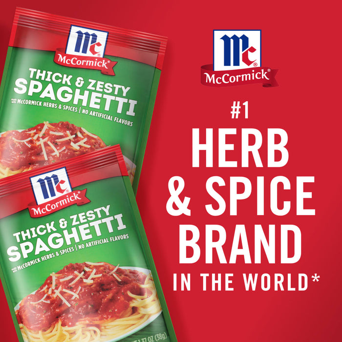 ['Two McCormick Thick &amp; Zesty Spaghetti seasoning packets with a red background that says #1 Herb &amp; Spice Brand in the World.']