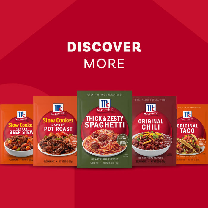 McCormick brand seasoning packets for beef stew, slow cooker, spaghetti, chili, and taco.