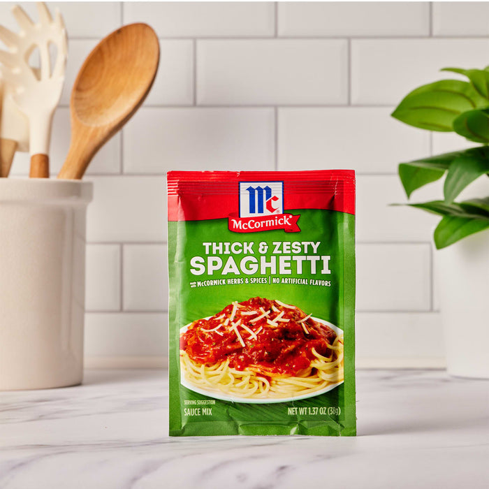 ['A packet of McCormick Thick &amp; Zesty Spaghetti Sauce Mix.']