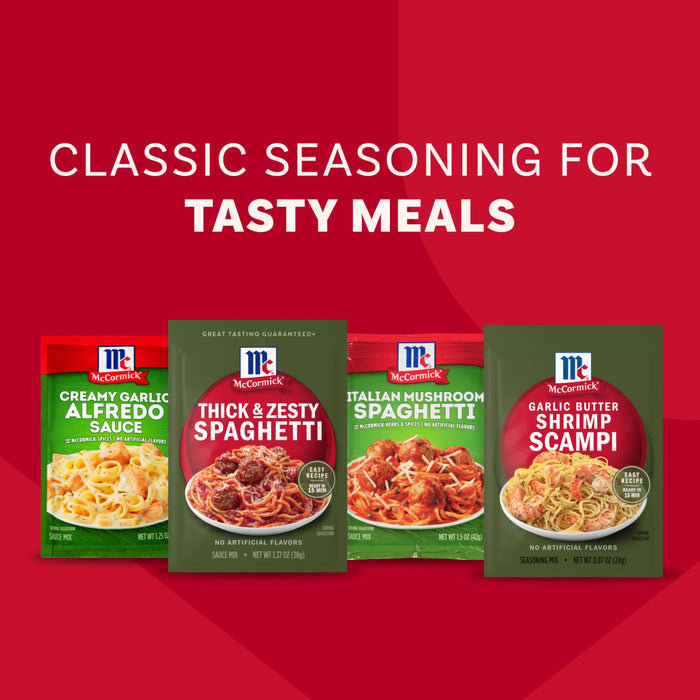 Four McCormick seasoning packets for Italian Mushroom Spaghetti, Thick &amp; Zesty Spaghetti, Garlic Butter Shrimp Scampi, and Creamy Garlic Alfredo Sauce.