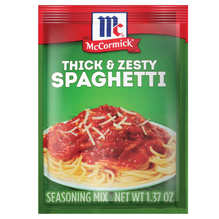 ['A McCormick Thick &amp; Zesty Spaghetti seasoning packet with a picture of spaghetti and marinara sauce.']