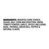A list of ingredients for a product, including modified corn starch, sugar, salt, corn maltodextrin, onion, tomato powder, garlic, spices, green bell pepper, and natural flavor.