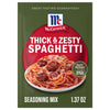A McCormick Thick &amp; Zesty Spaghetti seasoning packet with a picture of spaghetti and marinara sauce.