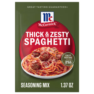 A McCormick Thick &amp; Zesty Spaghetti seasoning packet with a picture of spaghetti and marinara sauce.