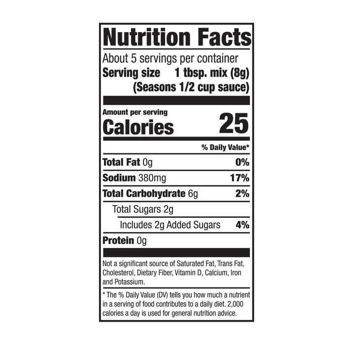 Nutrition facts label for Seasons brand 1/2 cup sauce.