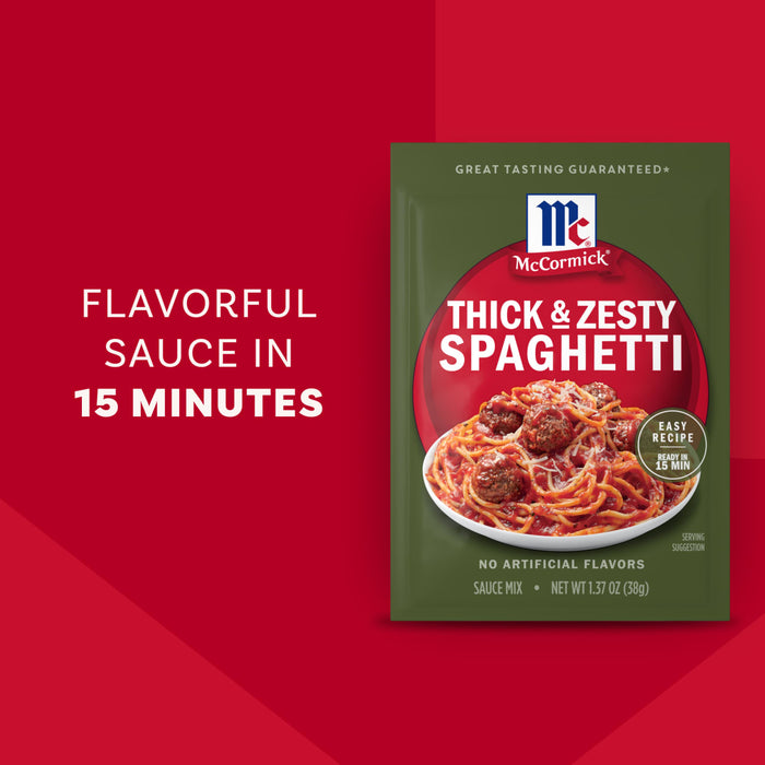 Three McCormick Thick &amp; Zesty Spaghetti sauce mix packets.