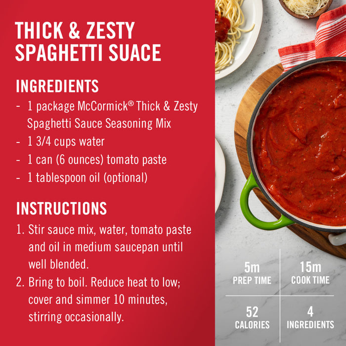 ['A red background with instructions on how to make McCormick Thick &amp; Zesty Spaghetti Sauce.']
