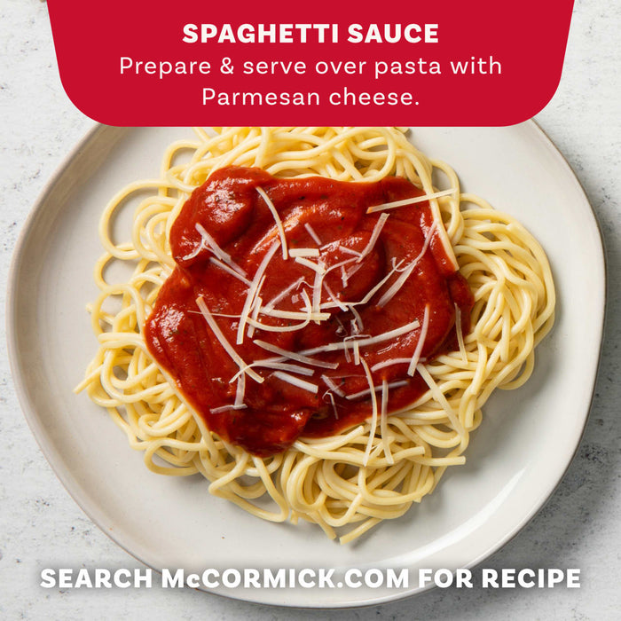A red background with instructions on how to make McCormick Thick &amp; Zesty Spaghetti Sauce.