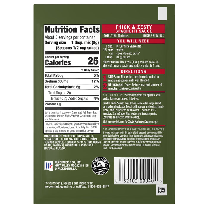 The back of a package of Mccormick Regular Spaghetti Sauce Mix Envelope 1.37 Oz displays the nutrition facts, ingredients, and preparation directions for the thick and zesty sauce.