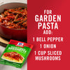 ['McCormick Thick &amp; Zesty Spaghetti sauce mix with ingredients for a garden pasta recipe.']