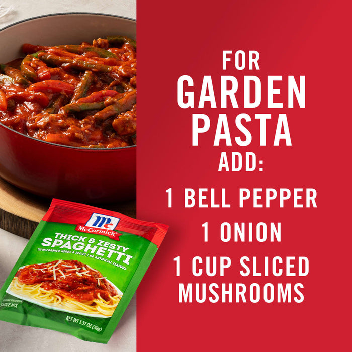 ['McCormick Thick &amp; Zesty Spaghetti sauce mix with ingredients for a garden pasta recipe.']