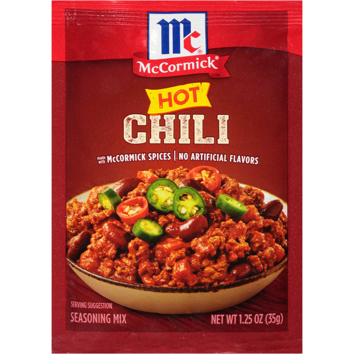 ['McCormick Hot Chili seasoning mix package with a serving suggestion of chili in a bowl.']
