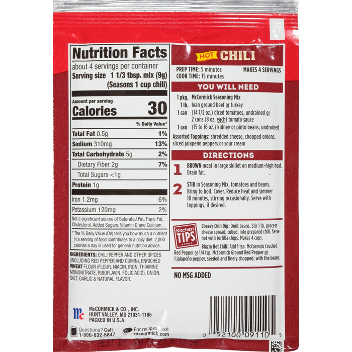 ['McCormick Hot Chili Seasoning Mix package with nutrition facts and directions for use.']