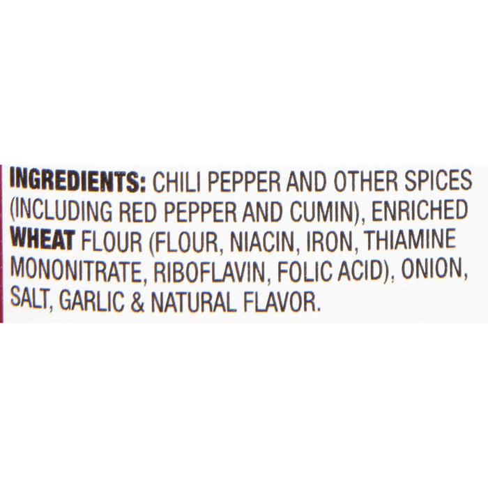['A list of ingredients for a product, including chili pepper, red pepper, cumin, and wheat flour.']