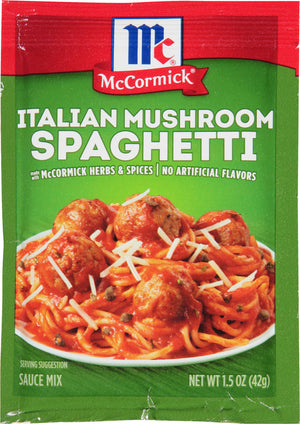 ['McCormick Italian Mushroom Spaghetti Sauce Mix package with a serving suggestion of spaghetti with meatballs.']
