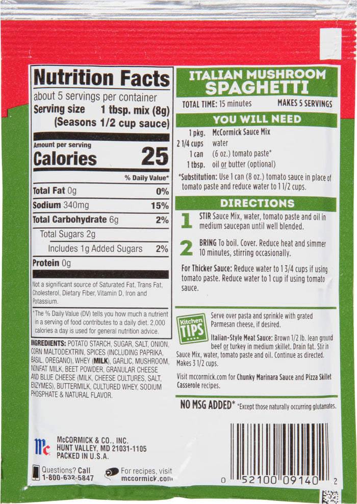['McCormick Italian Mushroom Spaghetti Sauce Mix package with nutrition facts and directions.']