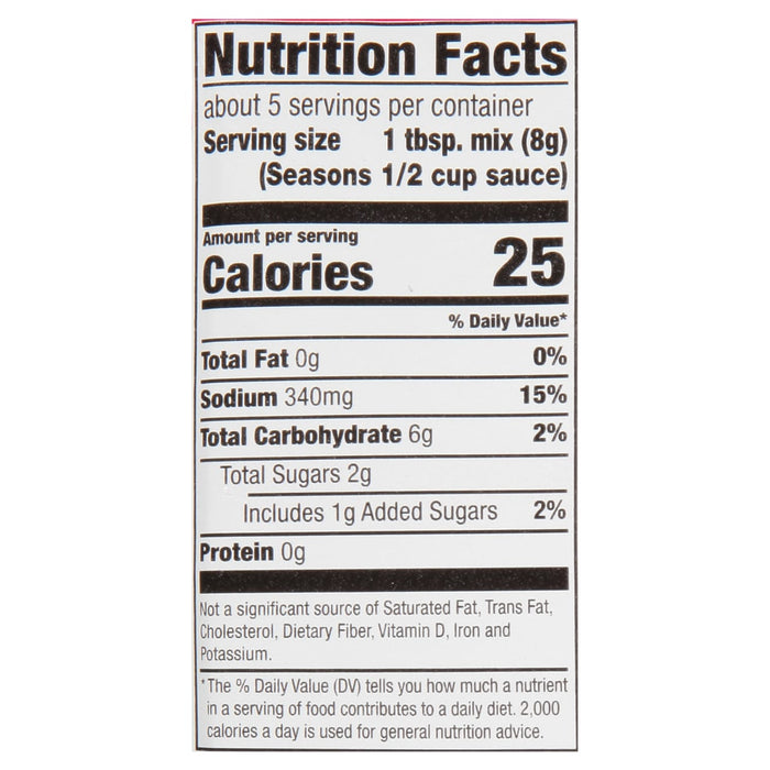 ['Nutrition facts label for Seasons brand seasoning mix.']